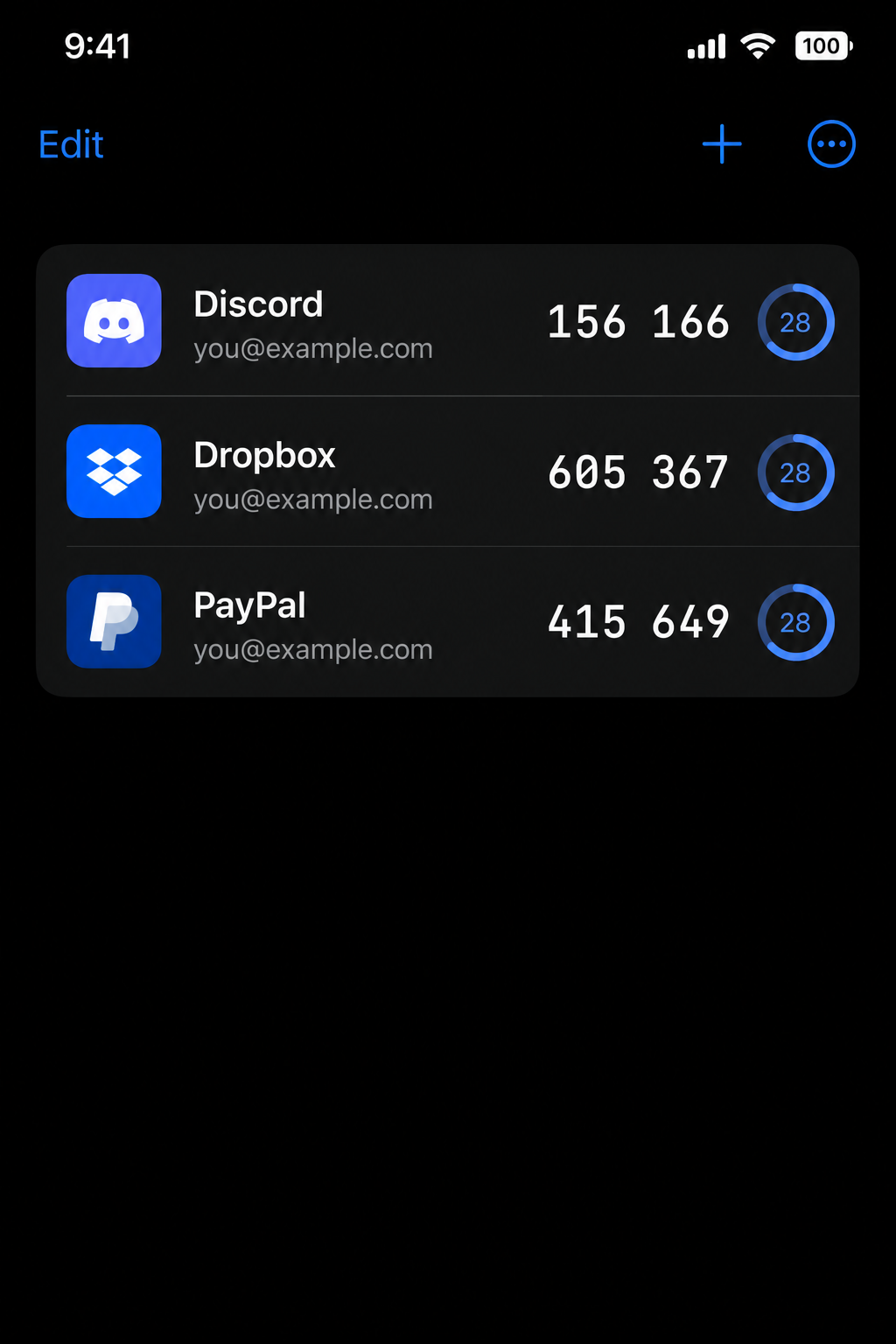 OTPski on iPhone, with issuer icons, grouped codes, and countdown rings