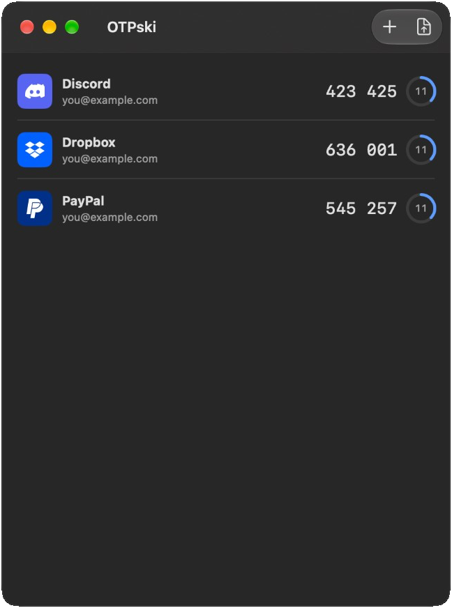 OTPski on Mac, showing Discord, Dropbox, and PayPal codes in a native window